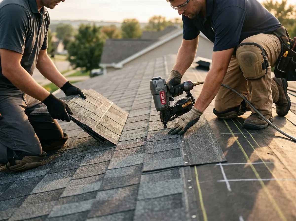 Professional roofer working on a residential roof in Hermitage